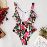 Women Deep V-neck One Shoulder Ruffles Floral Onepiece Swimsuit