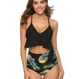 Women Ruffled Top Prints Pineapples High Waist Bikinis Sets Swimwear