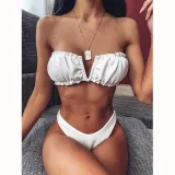 Women Tube Top Bikinis Chest Wrap Strapless Frill Bandeau V-neck Swimwear Bikinis Sets