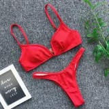Women V-neck Triangle Bikinis Steel Bracket Pure Color Swimwear Bikinis Sets