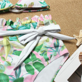 Women Prints Leaves Frill Ruffles High Waist Tie Up Bikinis Sets Swimwear