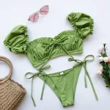 Women Ruffles Short Sleeve Strapless Frill Tie Up Swimwear Bikinis Sets