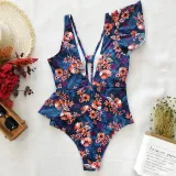Women Deep V-neck One Shoulder Ruffles Floral Onepiece Swimsuit