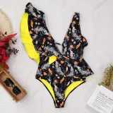 Women Deep V-neck One Shoulder Ruffles Floral Onepiece Swimsuit