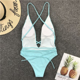 Women Deep V-Neck Weave Lace Up Cross Over One Piece Swimsuit