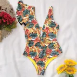 Women Deep V-neck One Shoulder Ruffles Floral Onepiece Swimsuit
