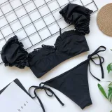 Women Ruffles Short Sleeve Strapless Frill Tie Up Swimwear Bikinis Sets