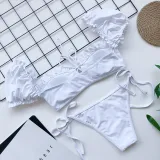 Women Ruffles Short Sleeve Strapless Frill Tie Up Swimwear Bikinis Sets