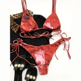 Women Tie Dye Talter Top Tie Up Triangle Bikinis Swimwear Sets