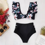 Women Prints Flowers Ruffles Sleeves Top High Waist Bikinis Sets Swimwear