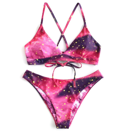 Women Prints Stars Tie Dye Starry Sky Split Bikinis Sets Swimwear