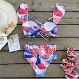 Women Prints Pink Leaves Ruffles Sleeves Bowknot High Waist Lace Up Bikinis Sets Swimwear