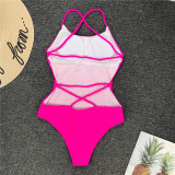 Women Pure Color Cross Over Backless One Piece Swimsuit