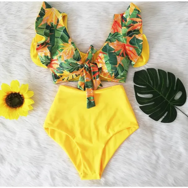 Women Prints Green Leaves Ruffles Sleeves Top High Waist Bikinis Sets Swimwear
