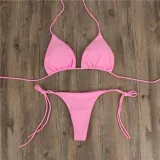 Women Pure Color Tie Up Triangle Bikinis Sets Swimwear