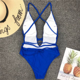 Women Deep V-Neck Weave Lace Up Cross Over One Piece Swimsuit