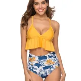 Women Ruffled Top Prints Dots Flowers High Waist Bikinis Sets Swimwear