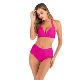 Women Halter Pure Color High Waist Bikinis Sets Swimwear