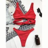 Women Bikinis Halter Circular Ring Two Piece V-neck Swimwear Set