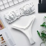 Women Tube Top Bikinis Chest Wrap Strapless Frill Bandeau V-neck Swimwear Bikinis Sets