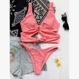 Women Bikinis Halter Circular Ring Two Piece V-neck Swimwear Set