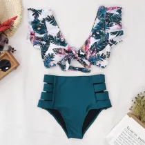 Women Prints Flowers Ruffles Sleeves Top High Waist Bikinis Sets Swimwear