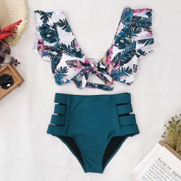 Women Prints Flowers Ruffles Sleeves Top High Waist Bikinis Sets Swimwear
