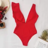 Women Deep V-neck One Shoulder Ruffles Floral Onepiece Swimsuit