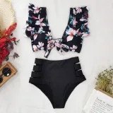 Women Prints Flowers Ruffles Sleeves Top High Waist Bikinis Sets Swimwear
