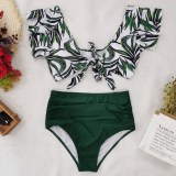 Women Prints Green Leaves Ruffles Sleeves Top High Waist Bikinis Sets Swimwear