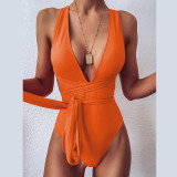 Women Deep V Cross Over Tie Up Backless One Piece Swimsuit