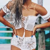 Women Knitting Hand Crocheted Hollow Out Off The Shoulder Bikinis Sets Swimwear