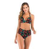 Women Halter Prints Cherries High Waist Bikinis Sets Swimwear