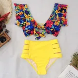 Women Prints Flowers Ruffles Sleeves Top High Waist Bikinis Sets Swimwear