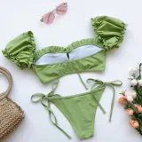 Women Ruffles Short Sleeve Strapless Frill Tie Up Swimwear Bikinis Sets
