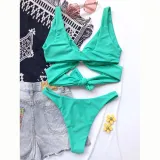 Women Bikinis Halter Circular Ring Two Piece V-neck Swimwear Set