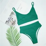 Women Solid Color Fabric Stitching Sexy High Waist Bikinis Sets