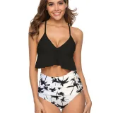 Women Ruffled Top Prints Flowers High Waist Bikinis Sets Swimwear