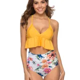 Women Ruffled Top Prints Flowers High Waist Bikinis Sets Swimwear
