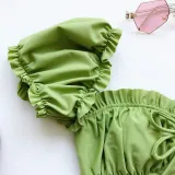 Women Ruffles Short Sleeve Strapless Frill Tie Up Swimwear Bikinis Sets
