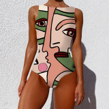 Women Abstract Face Design Backless Onepiece Swimsuit