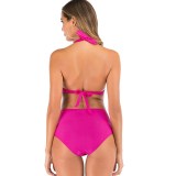 Women Halter Pure Color High Waist Bikinis Sets Swimwear