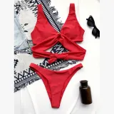 Women Bikinis Halter Circular Ring Two Piece V-neck Swimwear Set