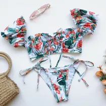 Women Ruffles Short Sleeve Strapless Frill Tie Up Swimwear Bikinis Sets