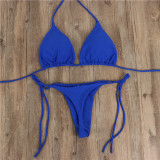 Women Pure Color Tie Up Triangle Bikinis Sets Swimwear