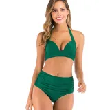 Women Halter Pure Color High Waist Bikinis Sets Swimwear