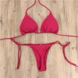 Women Pure Color Tie Up Triangle Bikinis Sets Swimwear