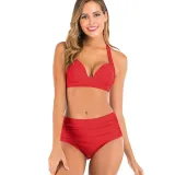 Women Halter Pure Color High Waist Bikinis Sets Swimwear