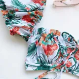 Women Ruffles Short Sleeve Strapless Frill Tie Up Swimwear Bikinis Sets