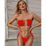 Women Ruffles Tube Up Pure Colour Bikinis Sets Swimwear